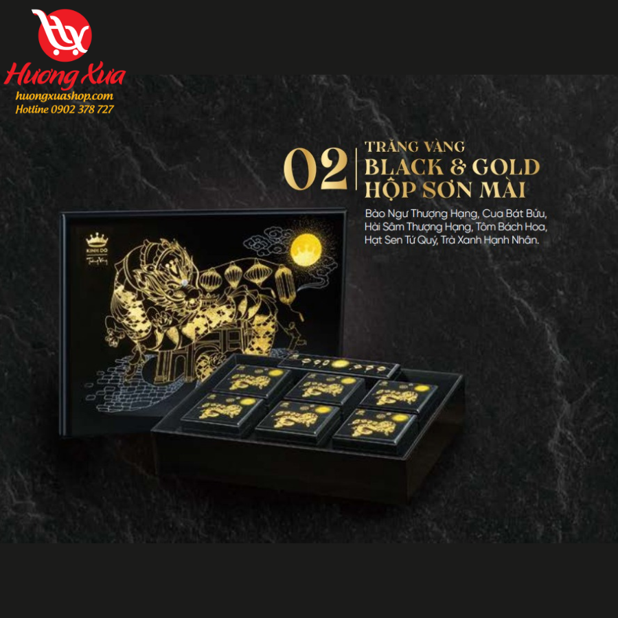 Bánh trung thu Kinh Đô Trăng Vàng Black & Gold Yến Sào Hộp Sơn Mài Kim Cương (6 bánh x 160g+trà)