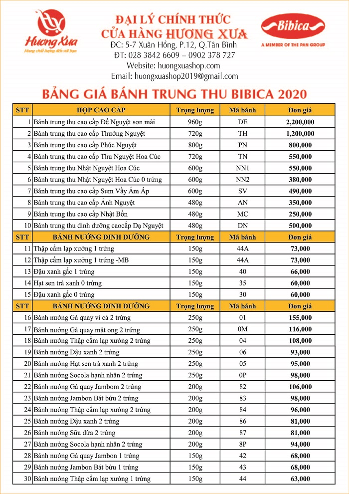 Bảng giá chi tiết cho bánh trung thu Bibica 2020