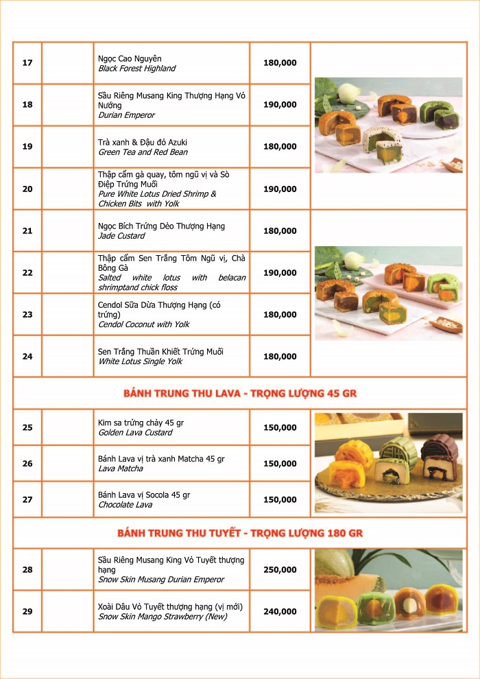 Bảng giá chi tiết các loại bánh trung thu của TaiThong